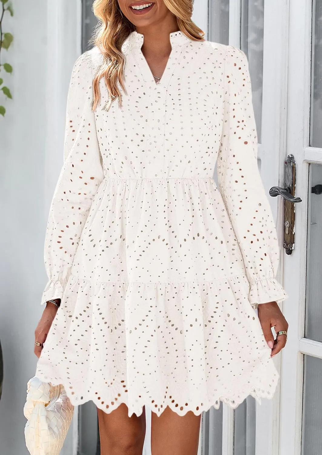 PRETTYGARDEN Women's Spring 2025 Long Puff Sleeve Mini Dress Hollow Out Lace V Neck A Line Ruffle Casual Party Dresses