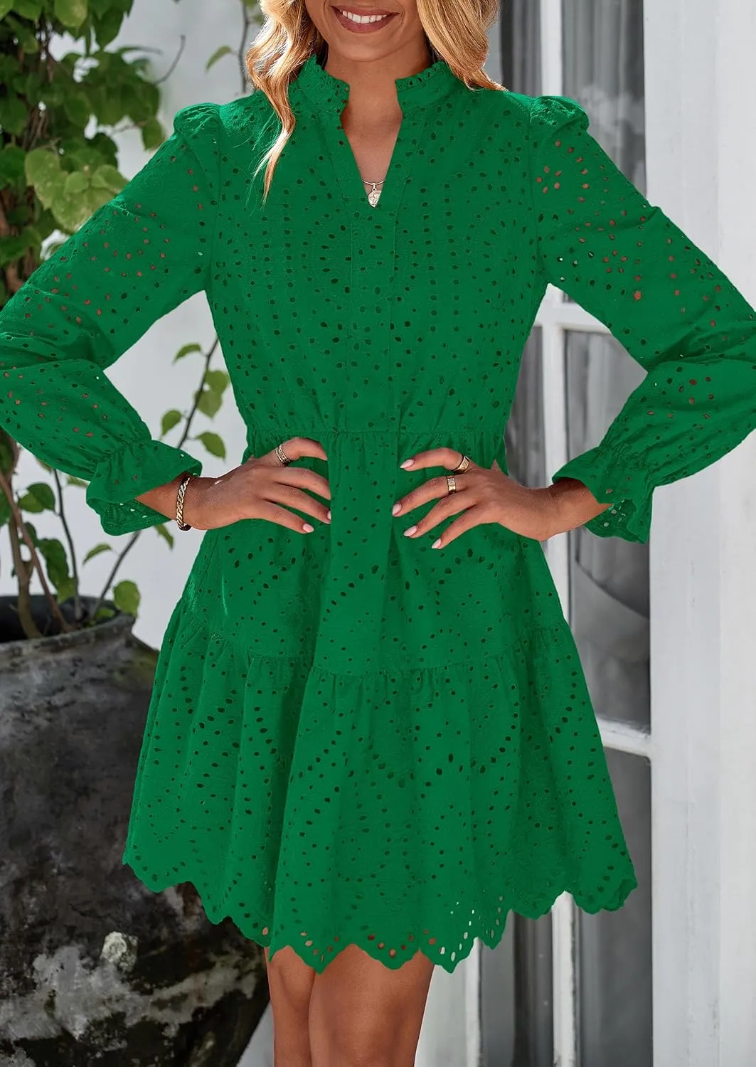 PRETTYGARDEN Women's Spring 2025 Long Puff Sleeve Mini Dress Hollow Out Lace V Neck A Line Ruffle Casual Party Dresses
