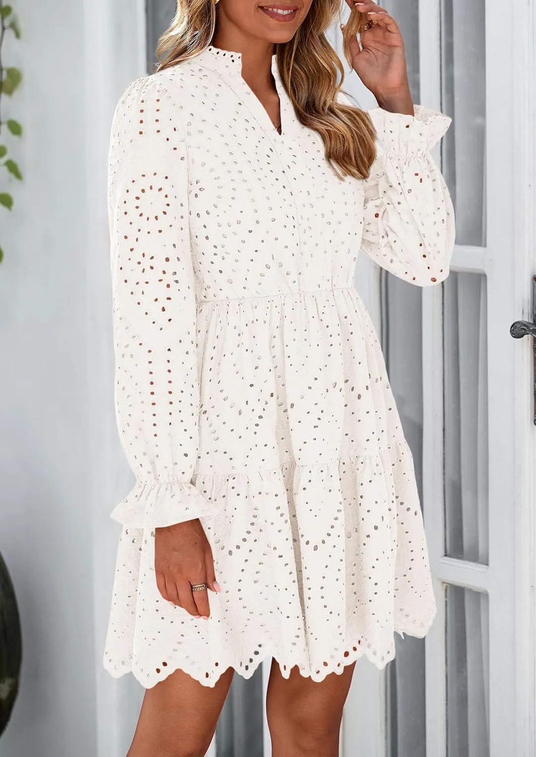 PRETTYGARDEN Women's Spring 2025 Long Puff Sleeve Mini Dress Hollow Out Lace V Neck A Line Ruffle Casual Party Dresses