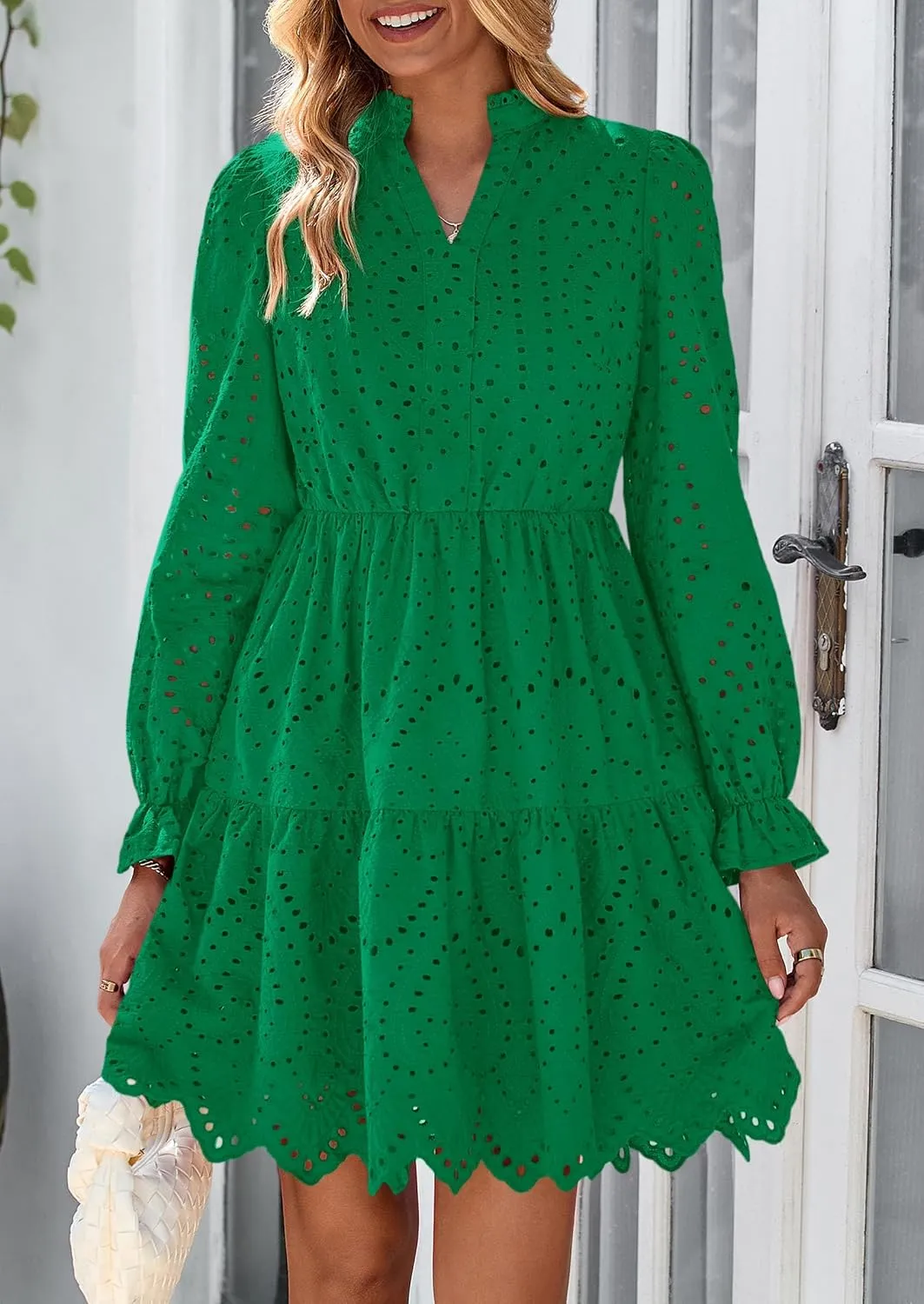 PRETTYGARDEN Women's Spring 2025 Long Puff Sleeve Mini Dress Hollow Out Lace V Neck A Line Ruffle Casual Party Dresses