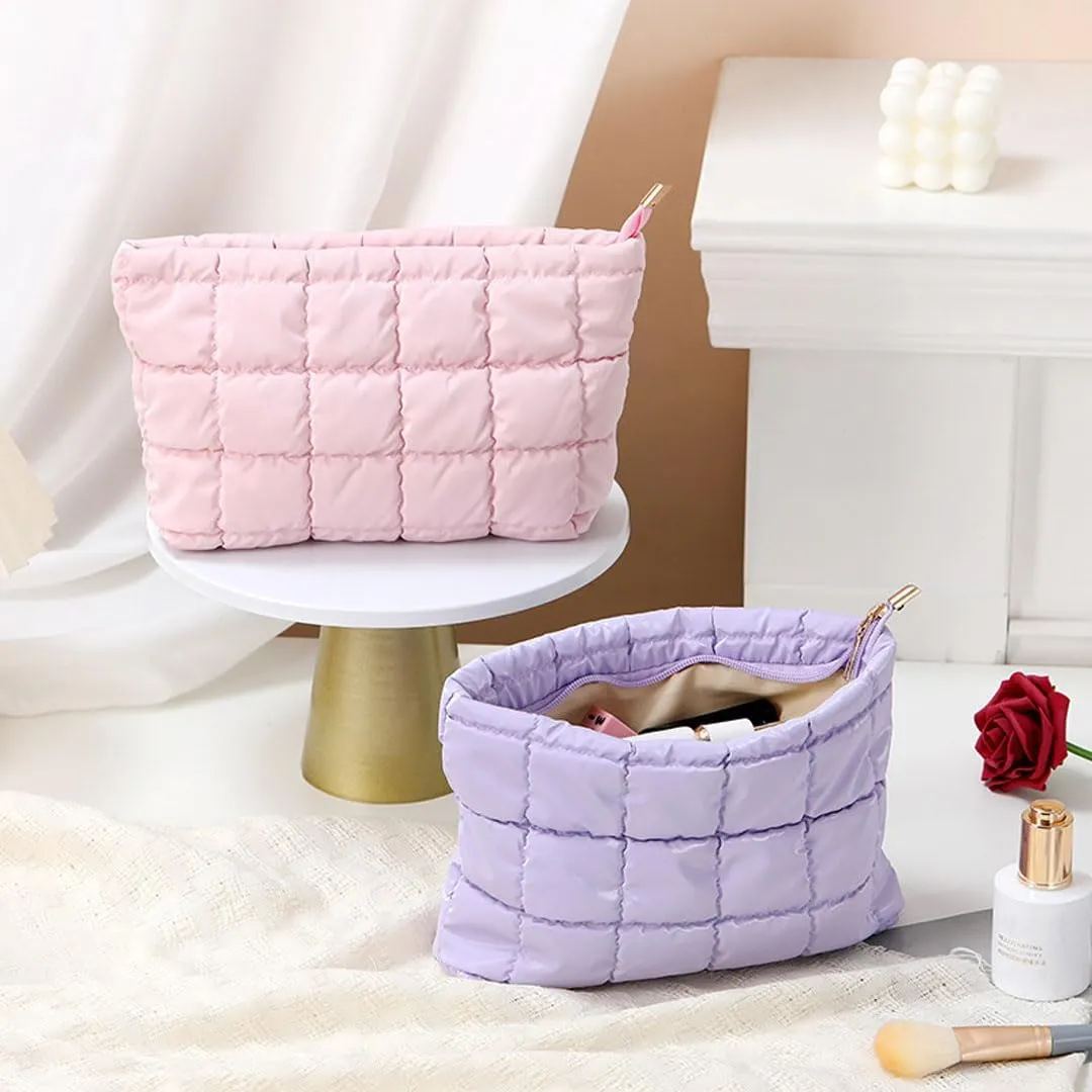 Quilted Makeup Bag Cosmetic Bag Puffer Makeup Bag Travel Toiletry Bag Makeup Organizer Cute Makeup Pouch Checkered Bag (Black-A)