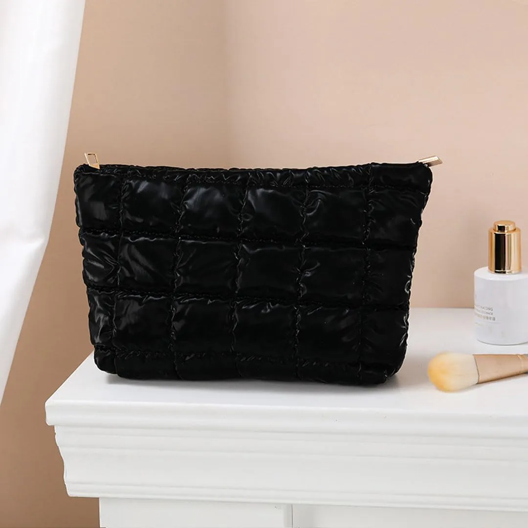 Quilted Makeup Bag Cosmetic Bag Puffer Makeup Bag Travel Toiletry Bag Makeup Organizer Cute Makeup Pouch Checkered Bag (Black-A)