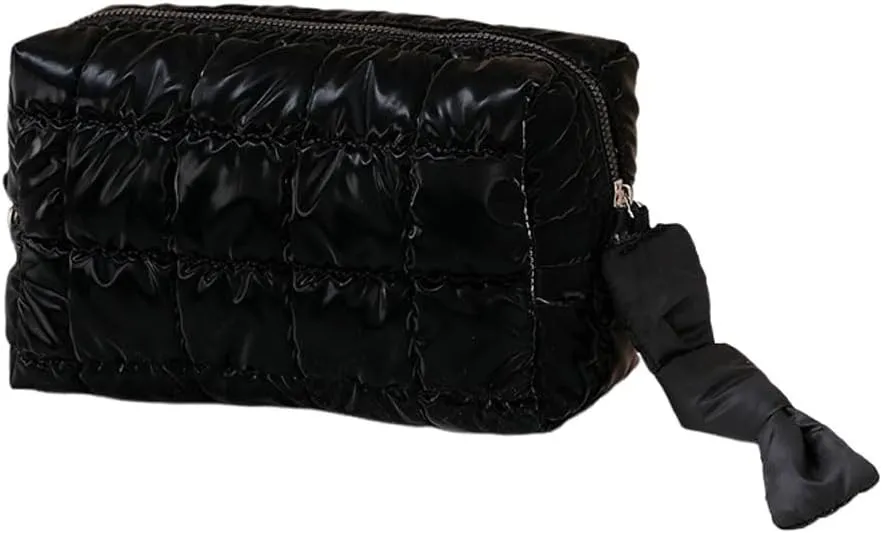 Quilted Makeup Bag Cosmetic Bag Puffer Makeup Bag Travel Toiletry Bag Makeup Organizer Cute Makeup Pouch Checkered Bag (Black-C)