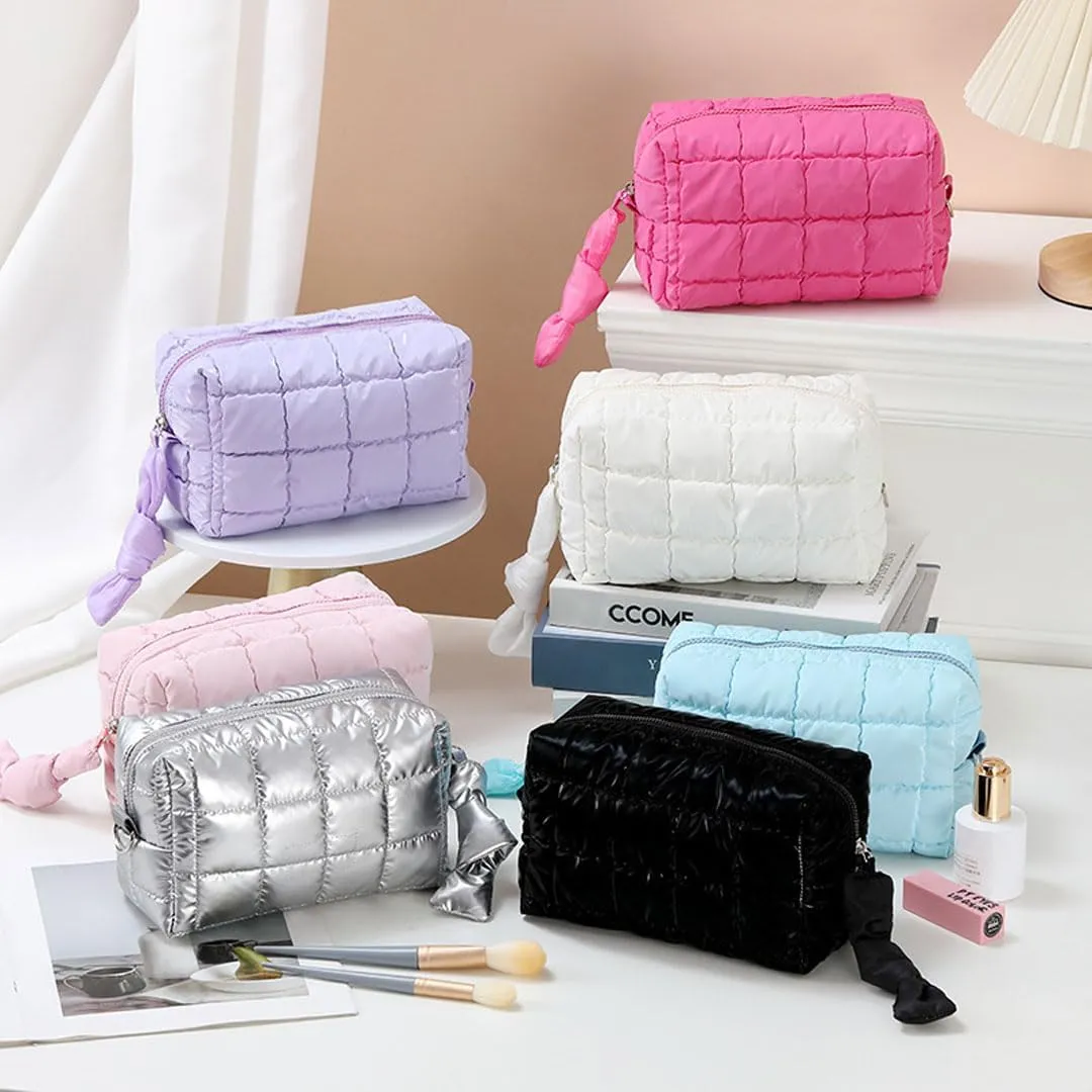 Quilted Makeup Bag Cosmetic Bag Puffer Makeup Bag Travel Toiletry Bag Makeup Organizer Cute Makeup Pouch Checkered Bag (Black-C)