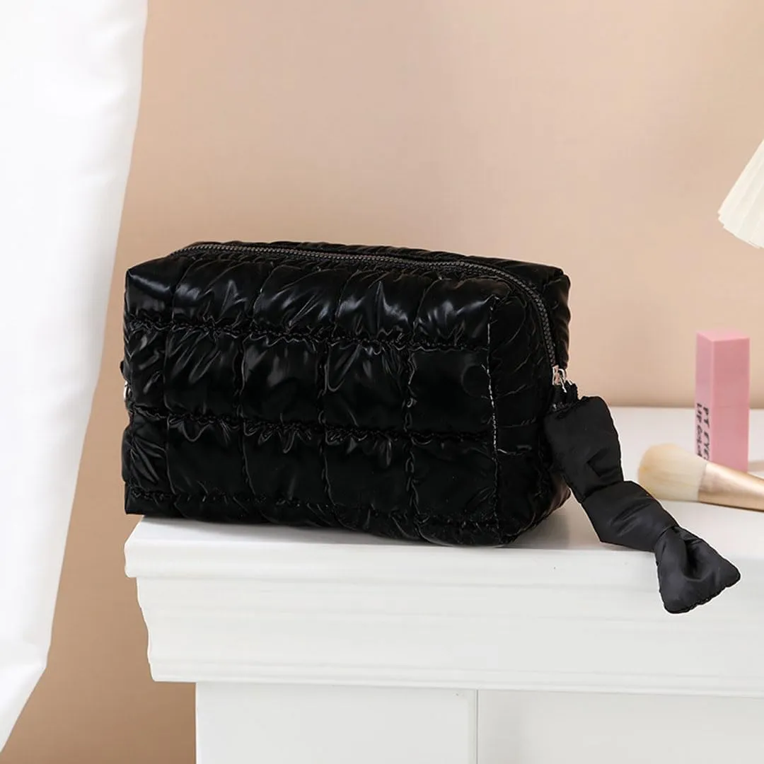 Quilted Makeup Bag Cosmetic Bag Puffer Makeup Bag Travel Toiletry Bag Makeup Organizer Cute Makeup Pouch Checkered Bag (Black-C)