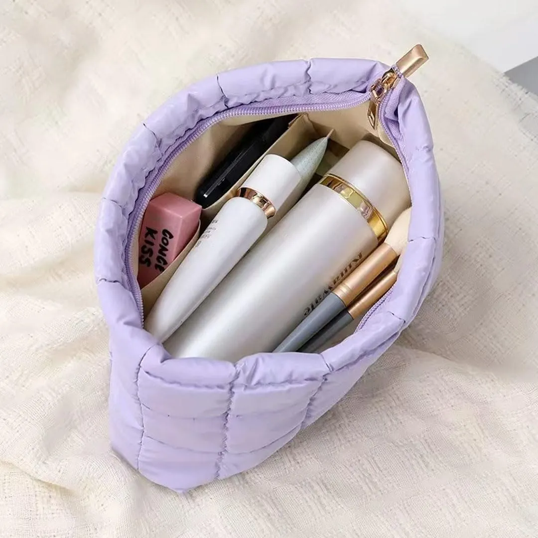 Quilted Makeup Bag Cosmetic Bag Puffer Makeup Bag Travel Toiletry Bag Makeup Organizer Cute Makeup Pouch Checkered Bag (Blue-A)