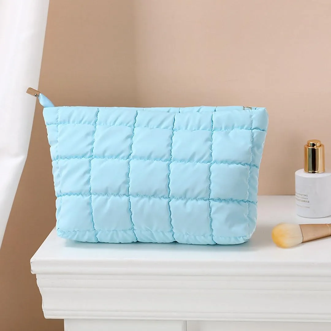 Quilted Makeup Bag Cosmetic Bag Puffer Makeup Bag Travel Toiletry Bag Makeup Organizer Cute Makeup Pouch Checkered Bag (Blue-A)