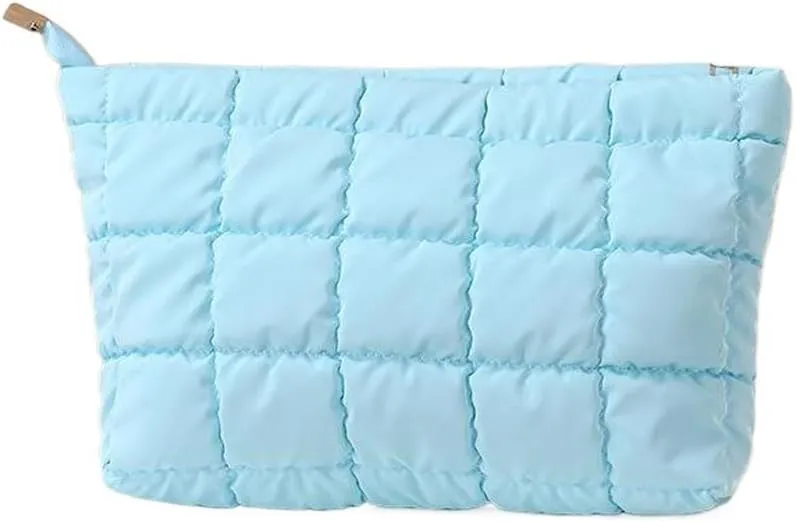 Quilted Makeup Bag Cosmetic Bag Puffer Makeup Bag Travel Toiletry Bag Makeup Organizer Cute Makeup Pouch Checkered Bag (Blue-A)