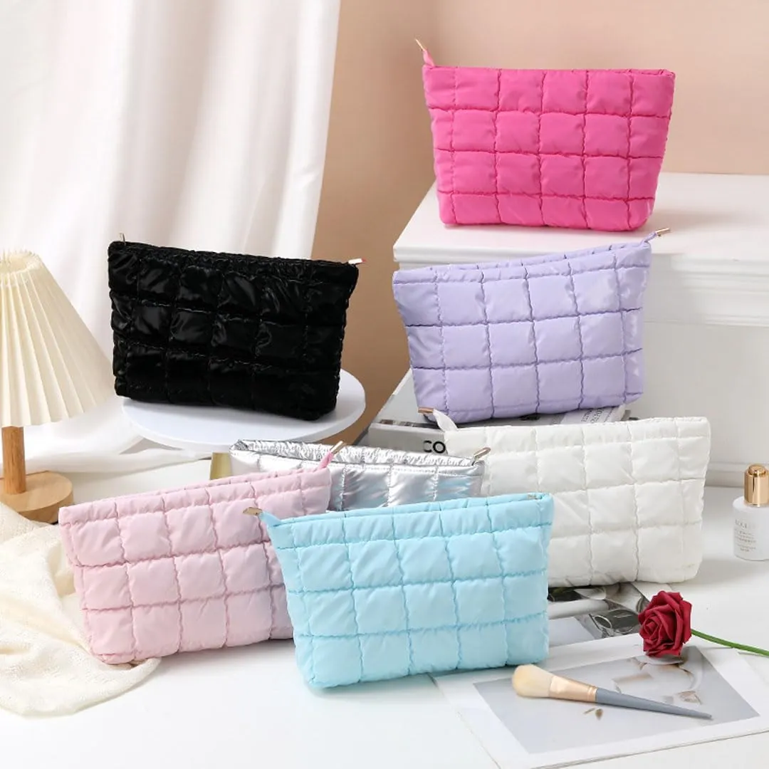 Quilted Makeup Bag Cosmetic Bag Puffer Makeup Bag Travel Toiletry Bag Makeup Organizer Cute Makeup Pouch Checkered Bag (Blue-A)