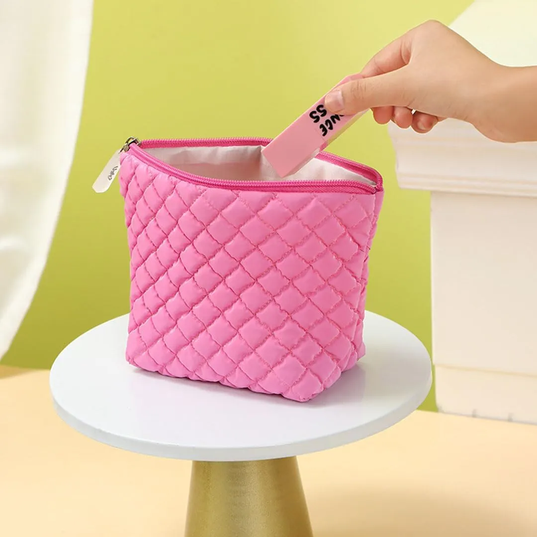 Quilted Makeup Bag Cosmetic Bag Puffer Makeup Bag Travel Toiletry Bag Makeup Organizer Cute Makeup Pouch Checkered Bag (Blue-B)