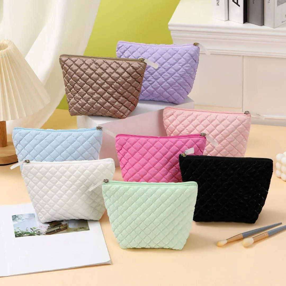 Quilted Makeup Bag Cosmetic Bag Puffer Makeup Bag Travel Toiletry Bag Makeup Organizer Cute Makeup Pouch Checkered Bag (Blue-B)