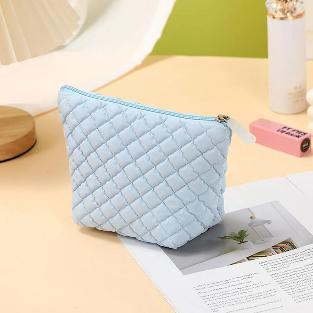 Quilted Makeup Bag Cosmetic Bag Puffer Makeup Bag Travel Toiletry Bag Makeup Organizer Cute Makeup Pouch Checkered Bag (Blue-B)