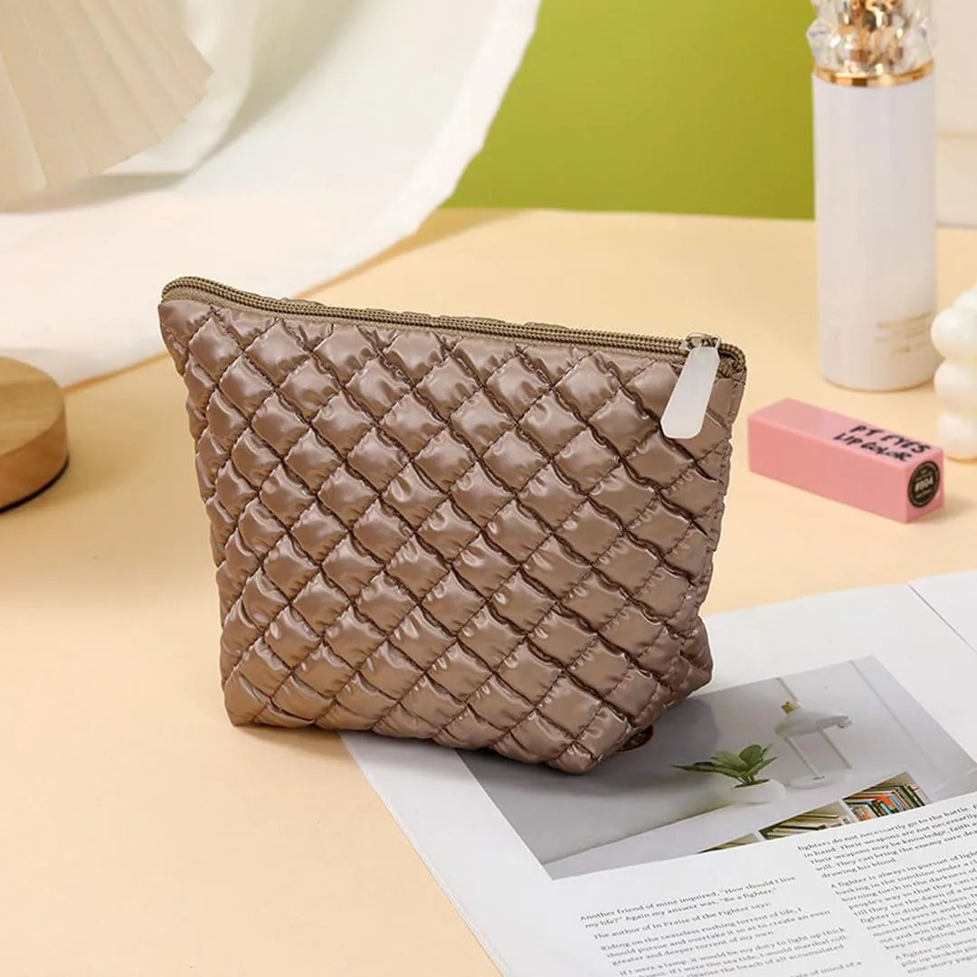 Quilted Makeup Bag Cosmetic Bag Puffer Makeup Bag Travel Toiletry Bag Makeup Organizer Cute Makeup Pouch Checkered Bag (Brown)