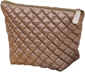 Quilted Makeup Bag Cosmetic Bag Puffer Makeup Bag Travel Toiletry Bag Makeup Organizer Cute Makeup Pouch Checkered Bag (Brown)