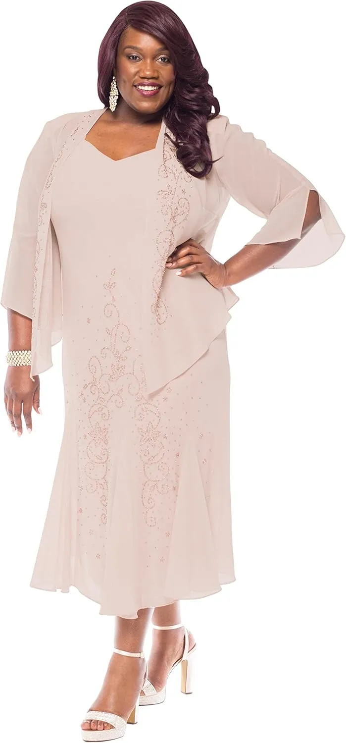 R&M Richards Womens Chiffon Beaded Dress with Jacket