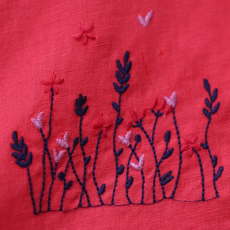 Red Embroidery Linen Dresses Spring Summer Women Dresses WC961841