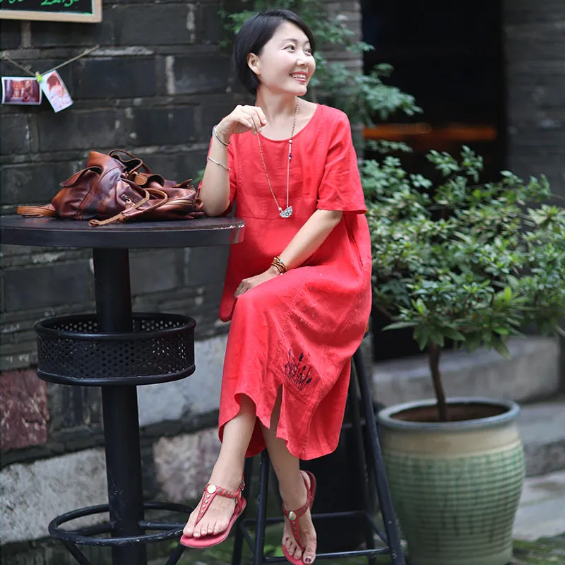 Red Embroidery Linen Dresses Spring Summer Women Dresses WC961841