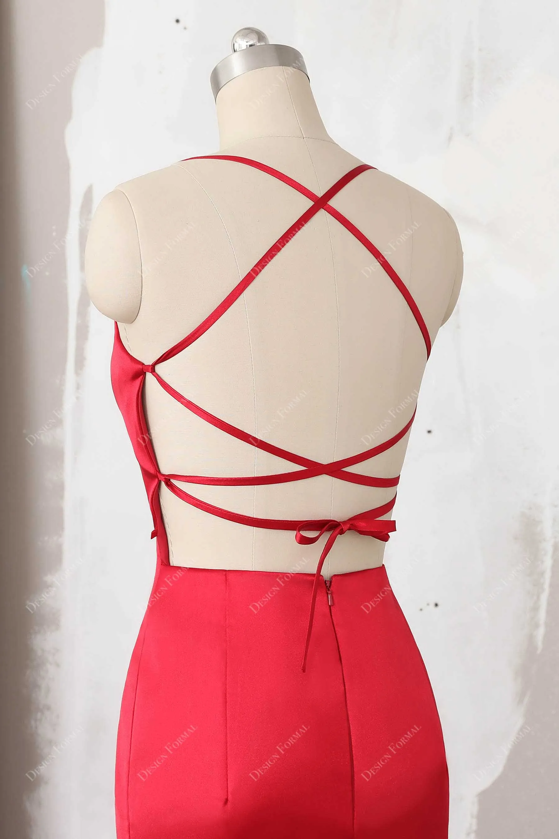 Red Satin Halter Strappy Back Sexy Slit Prom Simple Evening Dress