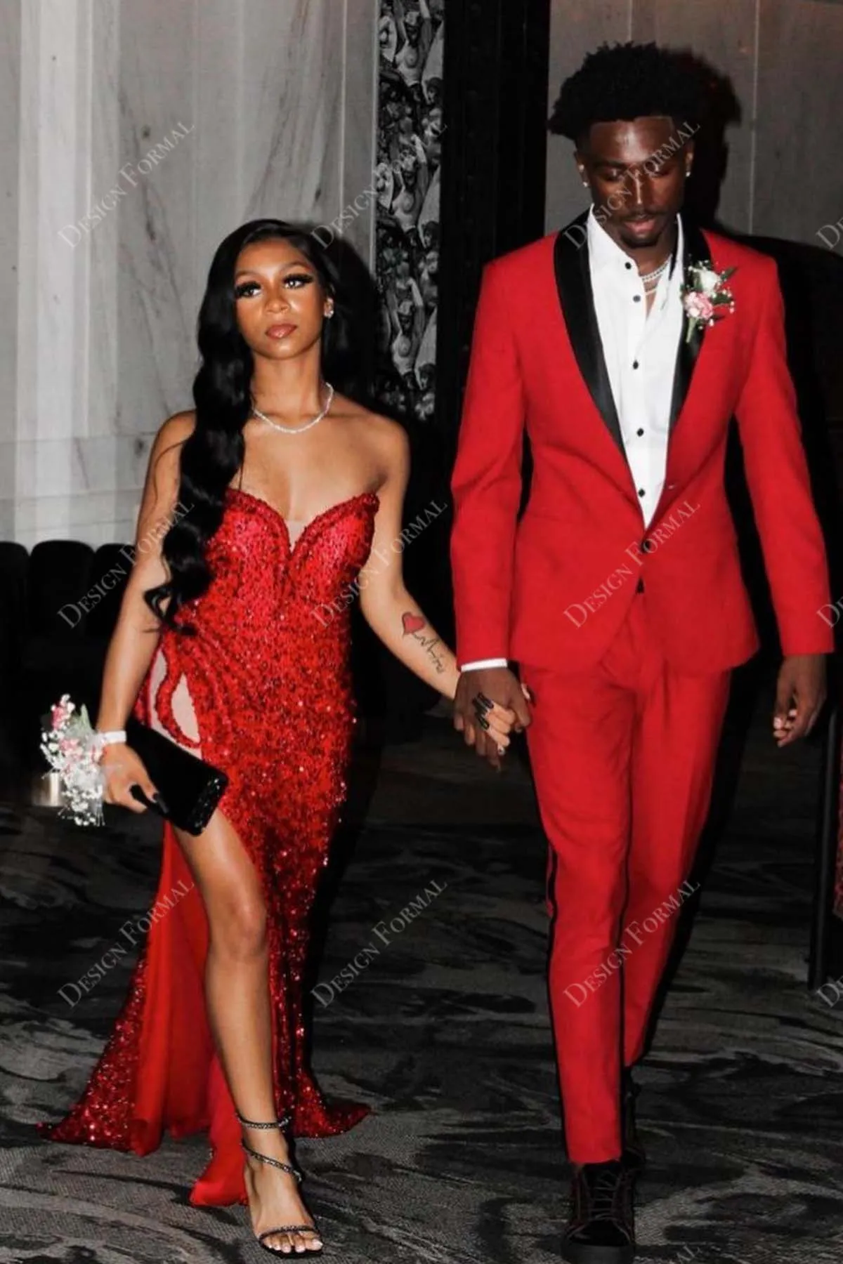 Red Sequin Strapless Sweetheart Custom Slit Mermaid Prom Dress