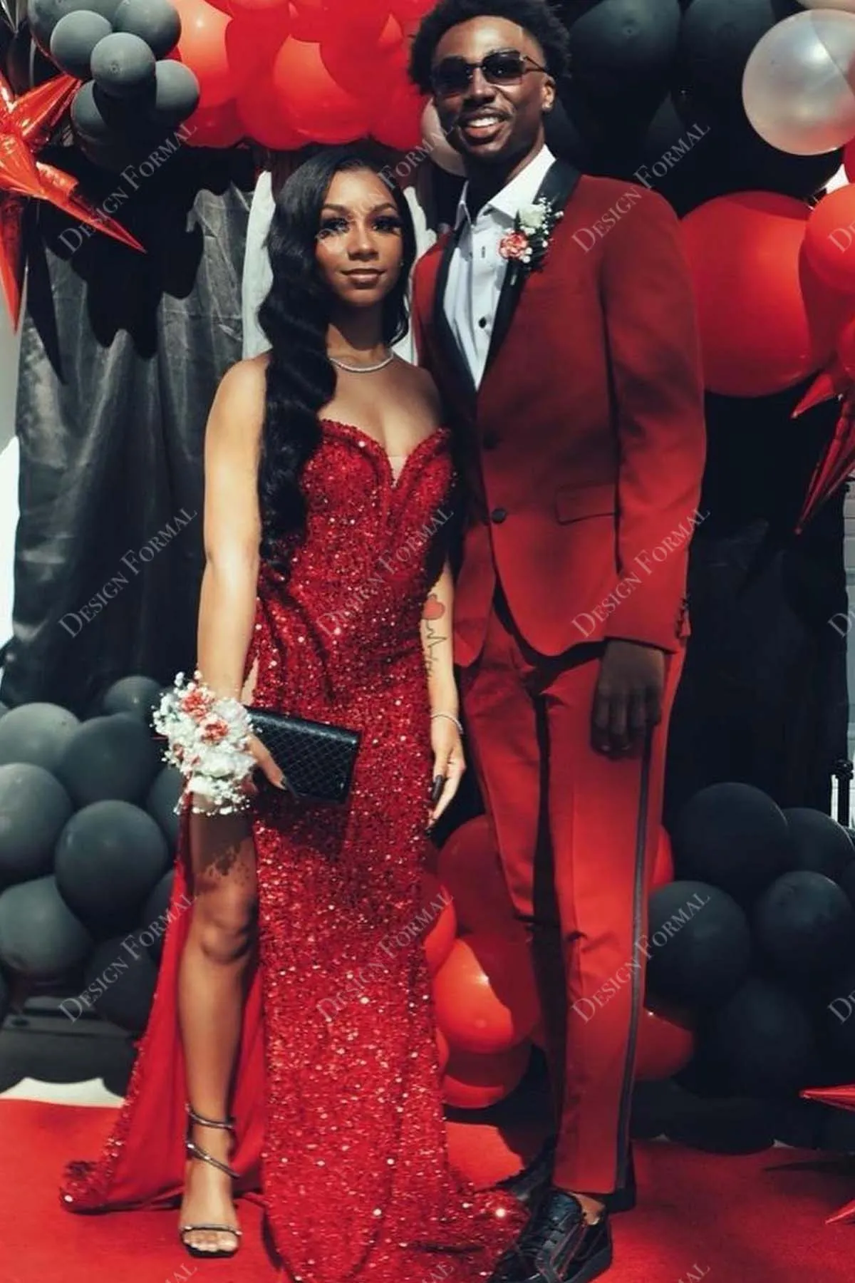 Red Sequin Strapless Sweetheart Custom Slit Mermaid Prom Dress
