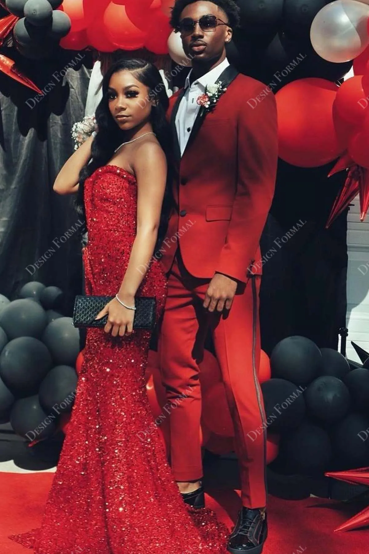 Red Sequin Strapless Sweetheart Custom Slit Mermaid Prom Dress