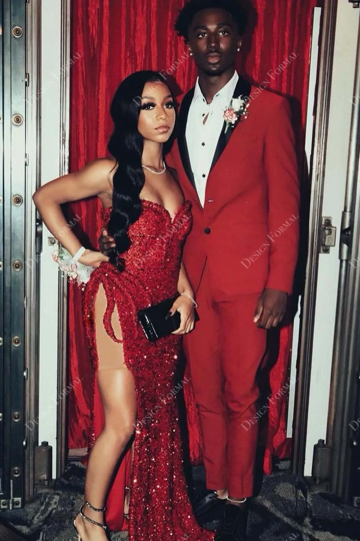 Red Sequin Strapless Sweetheart Custom Slit Mermaid Prom Dress