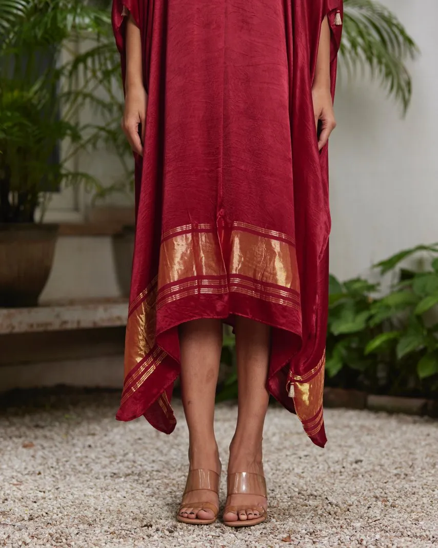 Red Silk Kaftan With Golden Border