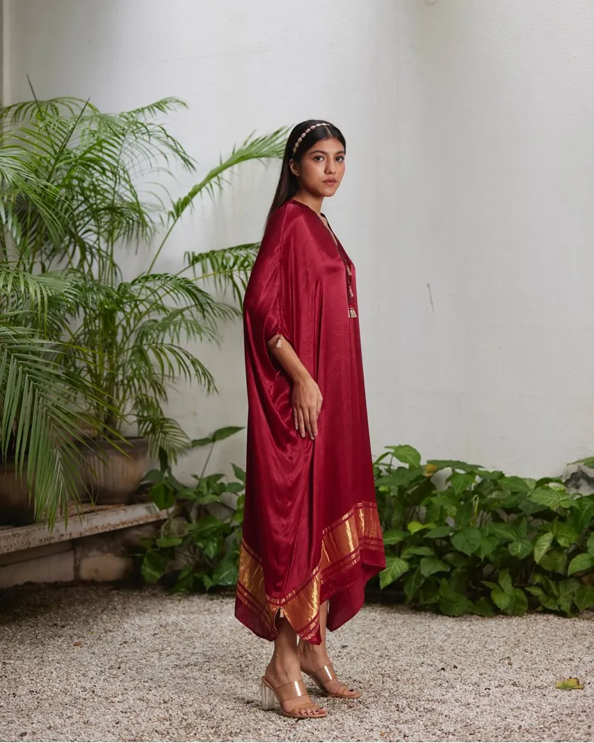 Red Silk Kaftan With Golden Border
