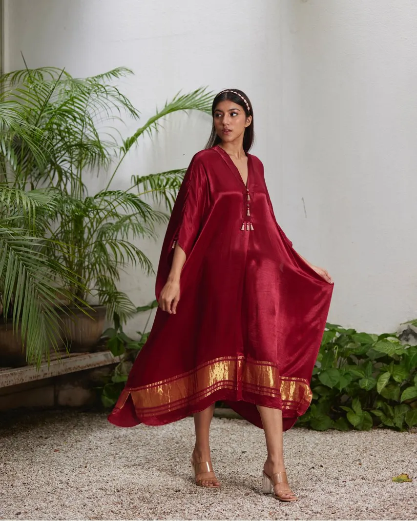 Red Silk Kaftan With Golden Border