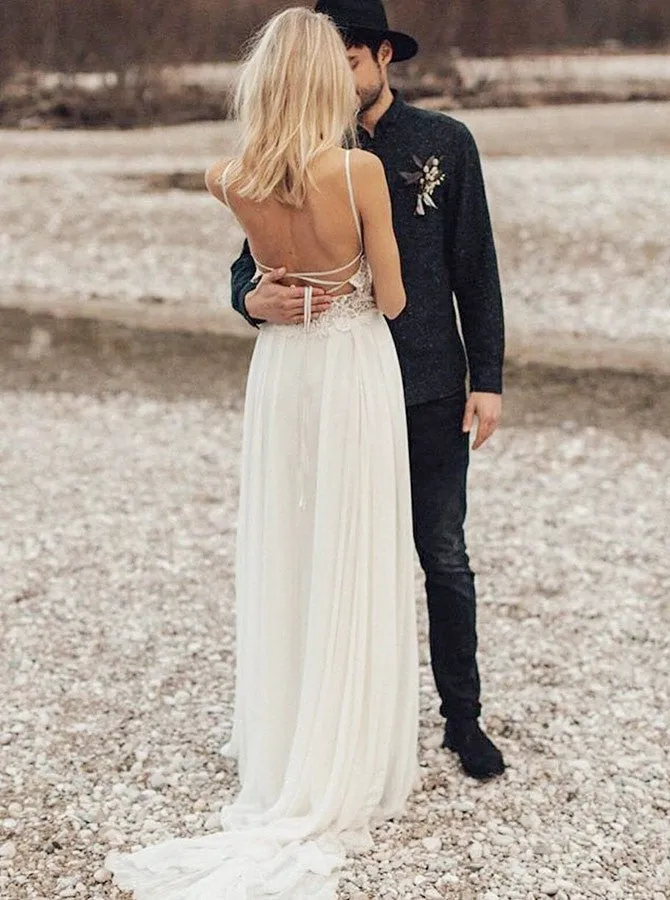 Romantic Chiffon Spaghetti Straps Neckline A-line Wedding Dresses WD177