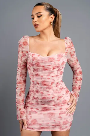 ROMANTIC FLORAL GLITTER MESH RUCHED MINI DRESS