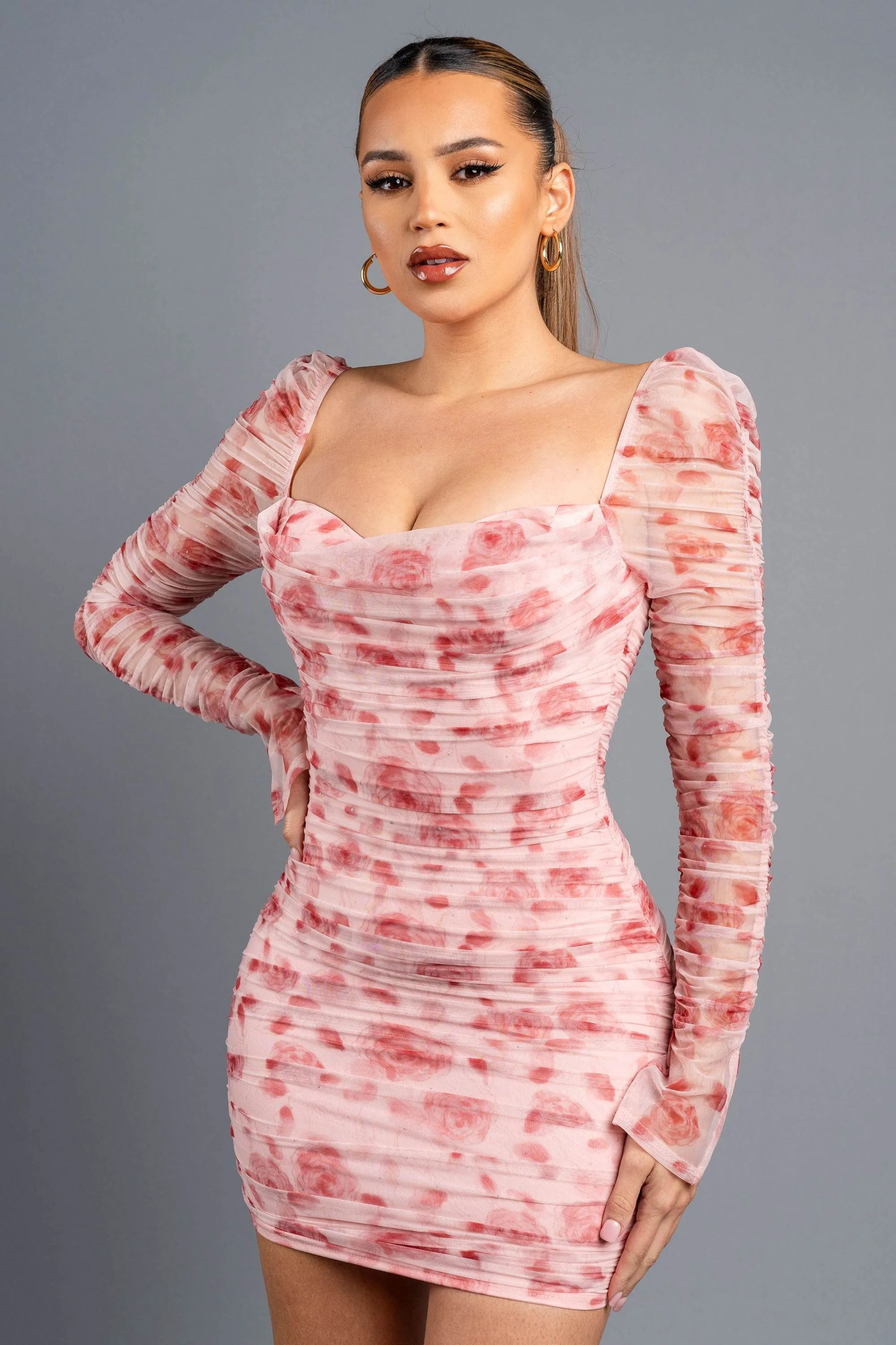 ROMANTIC FLORAL GLITTER MESH RUCHED MINI DRESS
