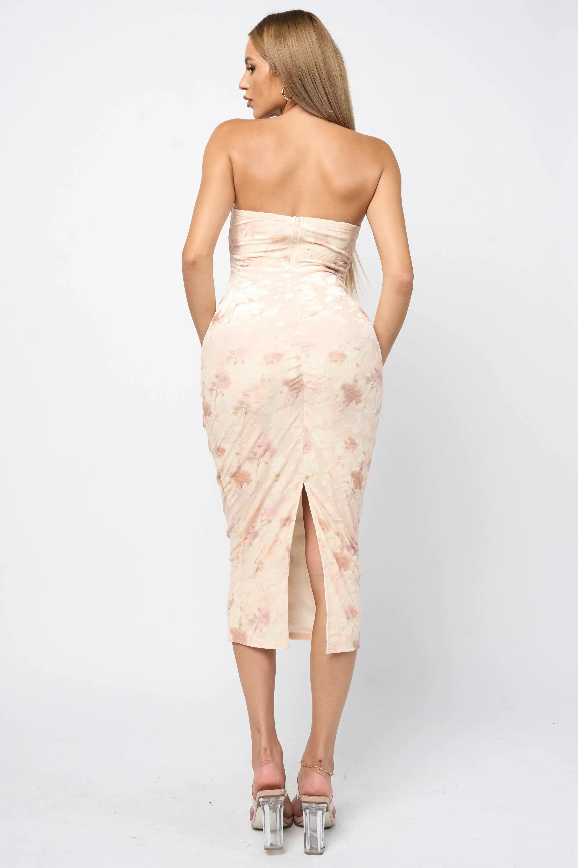 ROMANTIC FLORAL VELVET BURNOUT TUBE MIDI DRESS