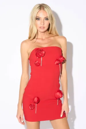 ROMANTIC ROSE W/ RHINESTONE FRINGE TUBE MINI DRESS