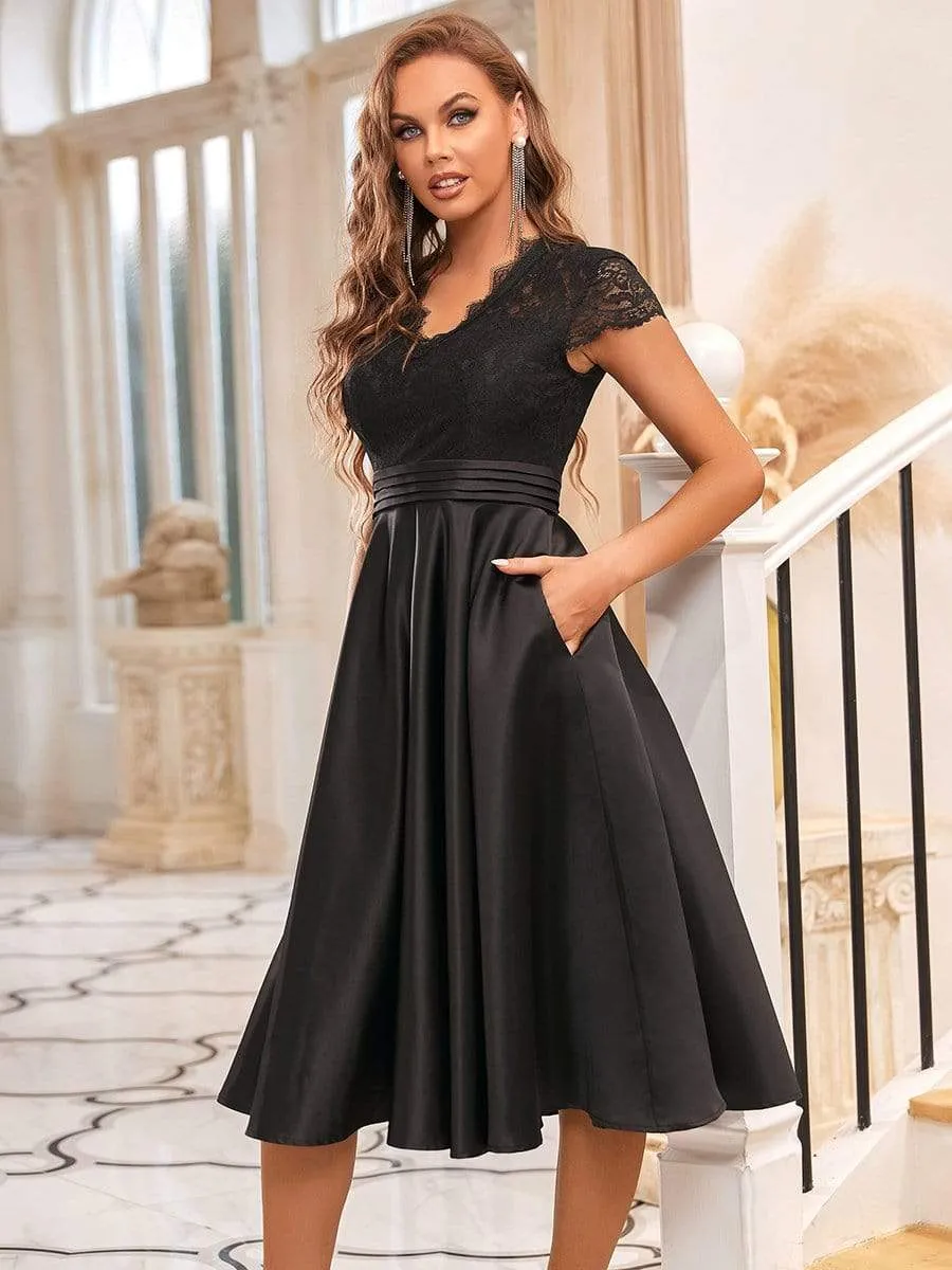 Romantic V-neck Lace Bodice A-line Cocktail Dress