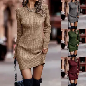 Round Neck Long Sleeve Bodycon Sweater Dress