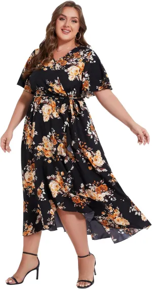 ROYAL MATRIX Women's Plus Size Floral Wrap V Neck Maxi Dress Flutter Short Sleeve Belted Boho Summer Midi Beach Dress