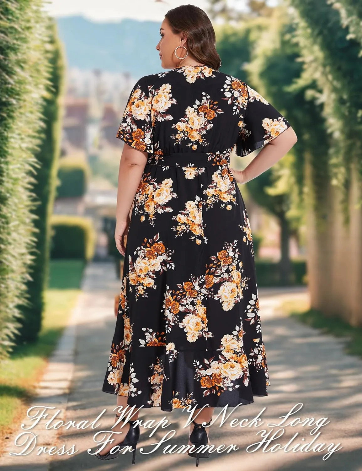 ROYAL MATRIX Women's Plus Size Floral Wrap V Neck Maxi Dress Flutter Short Sleeve Belted Boho Summer Midi Beach Dress