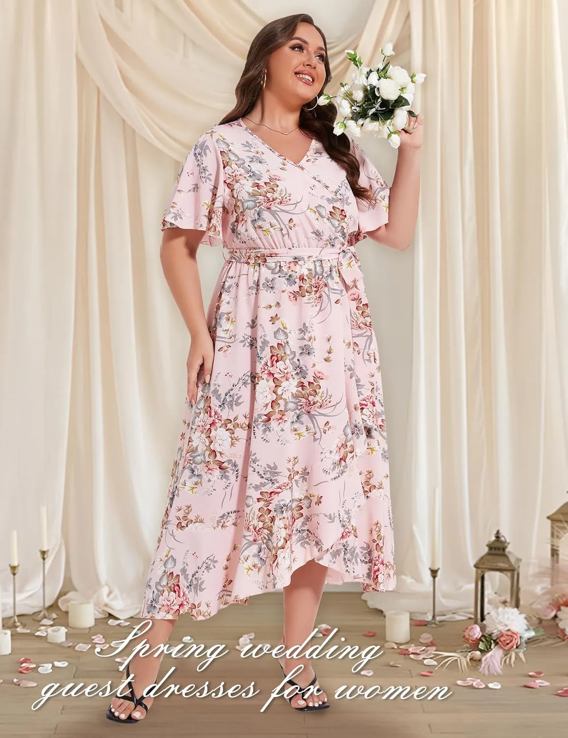 ROYAL MATRIX Women's Plus Size Floral Wrap V Neck Maxi Dress Flutter Short Sleeve Belted Boho Summer Midi Beach Dress