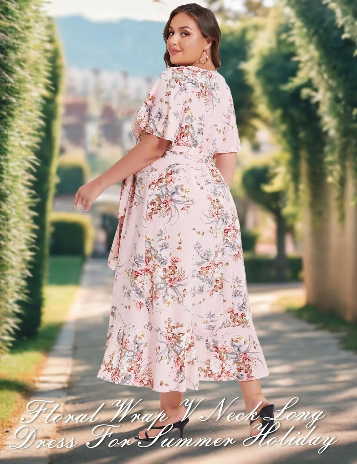 ROYAL MATRIX Women's Plus Size Floral Wrap V Neck Maxi Dress Flutter Short Sleeve Belted Boho Summer Midi Beach Dress