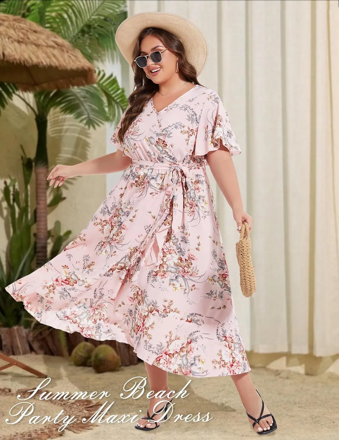 ROYAL MATRIX Women's Plus Size Floral Wrap V Neck Maxi Dress Flutter Short Sleeve Belted Boho Summer Midi Beach Dress