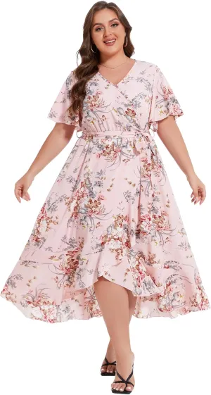 ROYAL MATRIX Women's Plus Size Floral Wrap V Neck Maxi Dress Flutter Short Sleeve Belted Boho Summer Midi Beach Dress