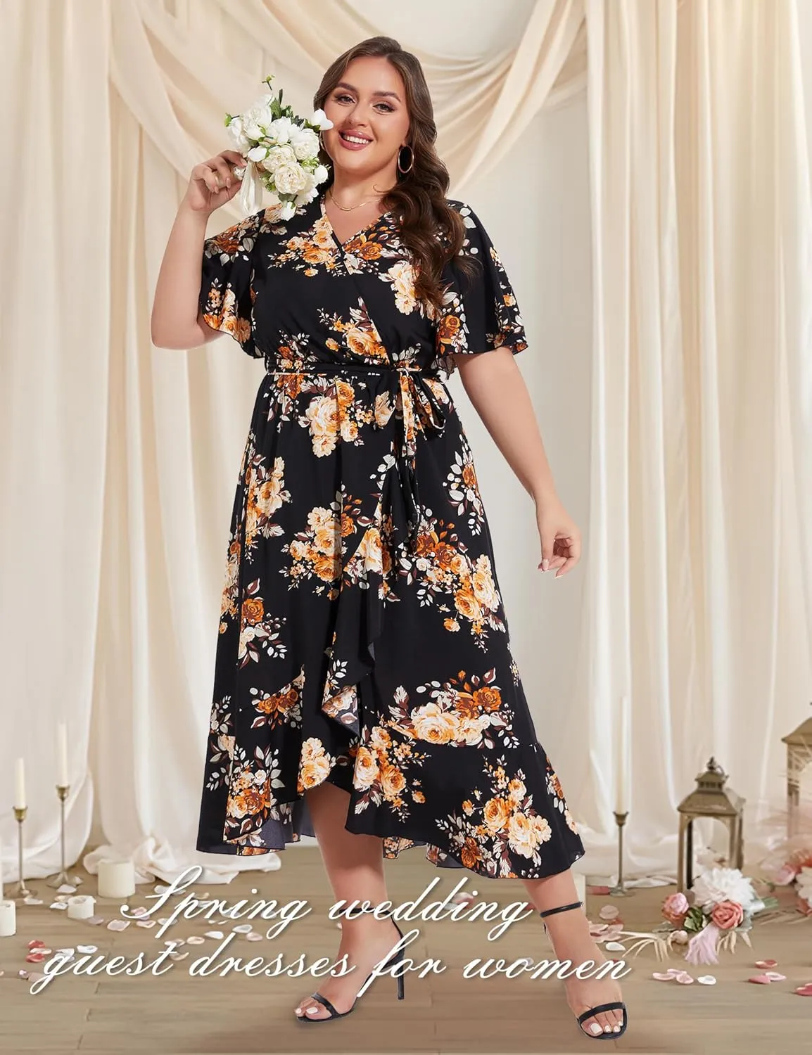 ROYAL MATRIX Women's Plus Size Floral Wrap V Neck Maxi Dress Flutter Short Sleeve Belted Boho Summer Midi Beach Dress