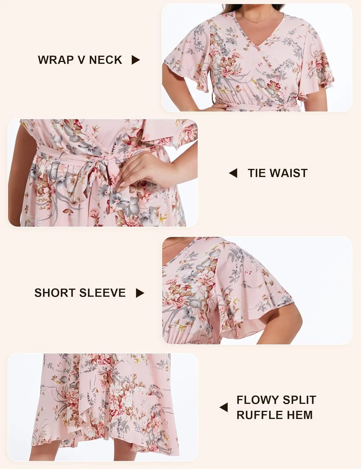 ROYAL MATRIX Women's Plus Size Floral Wrap V Neck Maxi Dress Flutter Short Sleeve Belted Boho Summer Midi Beach Dress