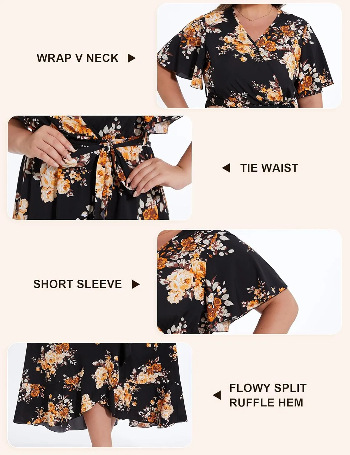 ROYAL MATRIX Women's Plus Size Floral Wrap V Neck Maxi Dress Flutter Short Sleeve Belted Boho Summer Midi Beach Dress