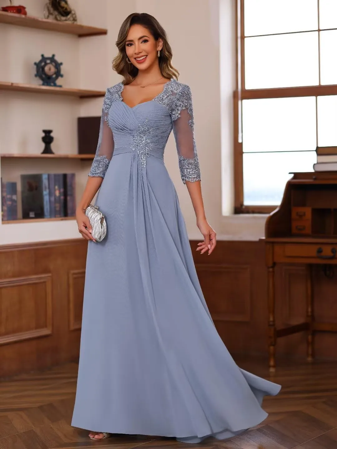 RSOETOO Lace Appliques Mother of The Bride Dresses Short Sleeves Long Sequin Beaded Formal Evening Prom Dress RO220