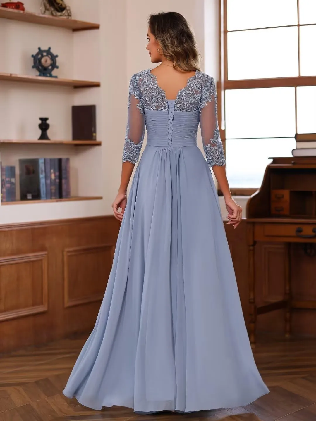 RSOETOO Lace Appliques Mother of The Bride Dresses Short Sleeves Long Sequin Beaded Formal Evening Prom Dress RO220