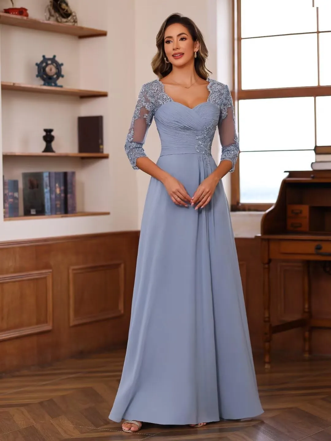 RSOETOO Lace Appliques Mother of The Bride Dresses Short Sleeves Long Sequin Beaded Formal Evening Prom Dress RO220