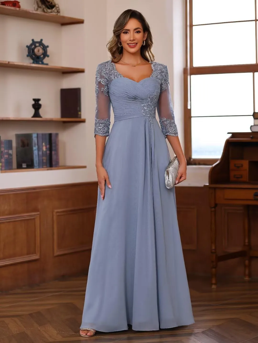 RSOETOO Lace Appliques Mother of The Bride Dresses Short Sleeves Long Sequin Beaded Formal Evening Prom Dress RO220