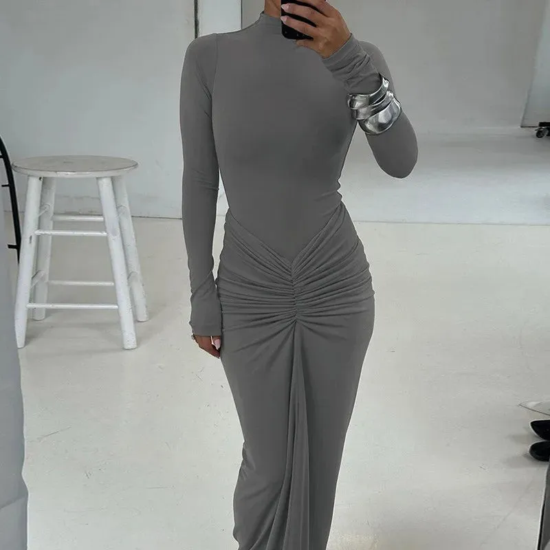 Ruched Mock Neck Maxi Dress Solid Color Bodycon Long Sleeve